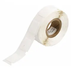 White vinyl wraparound label for wire identification, sized 3/4 in x 1/2 in, suitable for 16 AWG to 10 AWG wire gauge. Compatible with I.D. PRO Plus printer series; requires R5000 ribbon. Used in electrical panels, control cabinets, and maintenance for clear cable marking.