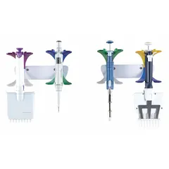 This plastic wall mount organizes pipettes in laboratories, keeping them accessible and off the bench to save workspace. It is designed for wall-mounted storage of pipettes, reducing clutter and contamination risk.