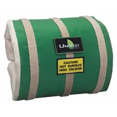 This pipe cover is designed for straight pipe sections, featuring ceramic fiber insulation and a Teflon coated fiberglass cloth jacket. It has a 14 in cover width and uses a buckled strap fastening system. Suitable for thermal management in industrial piping systems.