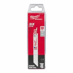 This reciprocating saw blade is designed for cutting thin metal. With 18 teeth per inch and a flexible body, it handles straight cuts and curved cuts in sheet metal, tubing, and profiles. Sold in a pack of 50.