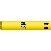 Yellow snap-on pipe marker with black legend 'Oil' and directional arrows. Fits pipe outer diameters from 2-1/2 to 3-7/8 inches. Used for identifying oil piping systems in industrial facilities to indicate pipe contents and flow direction