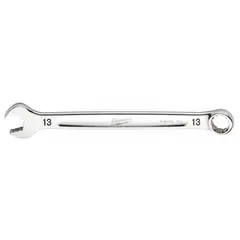 This MILWAUKEE combination wrench features a 13 mm 12-point box end and open end, with a chrome finish. It is 7 inches long and made of chrome vanadium steel. Suitable for general fastening and loosening of metric hex fasteners in maintenance, assembly, and repair tasks.