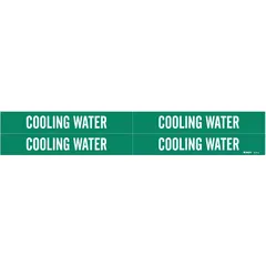 Green background pipe markers with white legend reading 'Cooling Water'. Fits pipe outer diameters from 3/4 to 2-3/8 inches. Pack of 4 markers without arrows. Used for identifying cooling water lines in industrial piping systems.