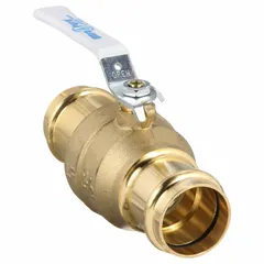 This two-piece brass ball valve features a straight body with press x press connections for fast installation without threading or welding. The locking lever handle provides secure on/off flow control. Suitable for water, oil, and gas applications in commercial and industrial piping systems.