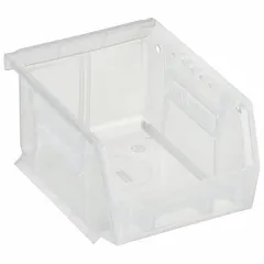 This AKRO-MILS Clearview Plastic Bin measures 4 1/8 in x 5 3/8 in x 3 in and is made of clear plastic. It includes a label holder for identification. The bin is not electrostatic discharge conductive and contains 0% recycled content. It is used for organizing small parts in industrial workstations, assembly lines, and storage racks.