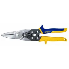 This straight-cut aviation snip has a 10-inch overall length and a 1-1/4-inch cutting length. It features steel blades and a multi-component handle with a steel core and plastic grip. Suitable for cutting sheet metal, including 23 ga stainless steel, in applications such as HVAC, ductwork, and metal fabrication.