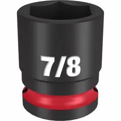 SAE 6-point standard impact socket with 1/2" drive and 7/8" socket size. Features friction retention design for secure fit on impact tool anvils. Black phosphate finish provides corrosion resistance. Suitable for heavy-duty fastening and loosening applications in automotive, construction, and industrial maintenance.