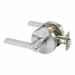 Cylindrical lockset with TB lever for office applications. Satin chromium-plated cast zinc construction. ADA compliant and meets A156.2 standards. No message function. Not ligature-resistant.