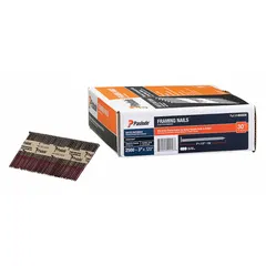 These 3-inch collated framing nails feature a plain, flat, smooth shank with a diamond point for secure fastening in dimensional lumber. Suitable for heavy-duty wood framing, sheathing, and decking applications. Supplied in a 2,500-count box for high-volume use.