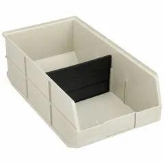 This beige plastic shelf bin measures 11 inches by 7 inches with an overall length of 20 1/2 inches. It is nesting capable for compact storage when empty and includes dividers to separate contents. Suitable for organizing small parts and components on standard shelving in industrial storage systems.