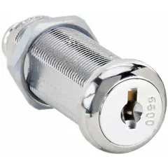 Keyed cam lock with keyed-alike design, allowing multiple locks to be operated with the same key. Constructed with a zinc die-cast, chrome-plated body and a 1 1/2 in straight cam. Commonly used to secure cabinets, panels, and enclosures in industrial and commercial settings.