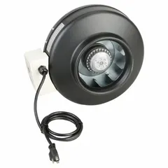 This inline duct fan moves air through 8-inch ducts with a maximum airflow of 571 cfm. It operates on 120V AC single-phase power and features a single-speed, speed-controllable standard-efficiency motor. The steel enclosure has an IP54 rating, and a mounting bracket is included. Suitable for general ventilation in HVAC systems.