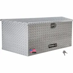 This BUYERS PRODUCTS A-Frame trailer tongue box is constructed of aluminum with a silver finish. It features a keyed lock and paddle-handle latch for secure closure. Overall depth is 17 inches and overall height is 18 11/32 inches. Suitable for storing trailer hitch accessories, tools, and equipment on A-frame trailers.