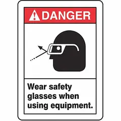 This adhesive sign measures 5 in x 3 1/2 in with a thickness of 0.02 in. It is a non-retroreflective, non-glow-in-the-dark vinyl label intended for mounting on machinery, doors, or walls to indicate the requirement for eye protection during equipment operation.