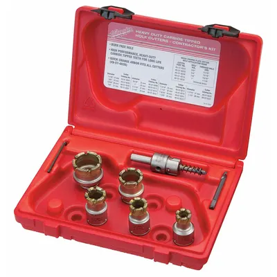 MILWAUKEE Hole Cutter Kit: 7 Pieces, 1/2 in Max. Cutting Dp, Carbide Tipped, 4/6 Teeth - Metal-Cutting Hole Cutter Kits