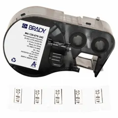 Polyolefin, white matte sleeve label for 16 AWG to 22 AWG wire gauge. Precut roll cartridge compatible with M410 printer series. Used for permanent wire and cable identification in industrial control panels and electrical installations.