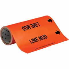 Orange adhesive pipe markers with black 'Lime Mud' legend and directional arrows. Each roll contains 30 markers for pipe outer diameters from 2-1/2 to 6 inches. Used to identify lime mud piping in industrial facilities.