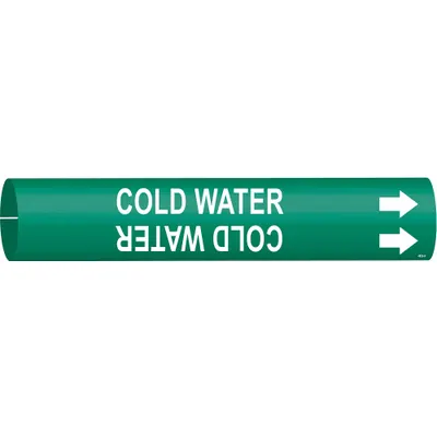 BRADY Pipe Marker: Cold Water, Green, White, Fits 3/4 to 1 3/8 in Pipe O.D., 1 Pipe Markers - Cold Water Snap-On Pipe Markers