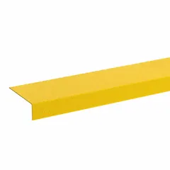 This steel stair nosing features a full coverage grit surface for slip resistance on stair edges. Yellow color provides high visibility. Dimensions: 24 in width, 3 1/8 in depth, 51/64 in nose height. Suitable for industrial and commercial stair treads.