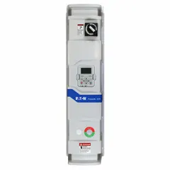 Enclosed variable frequency drive for three-phase motors in HVAC systems. White finish. Three-phase input and output. Rated 30 hp with 40 A maximum output current.