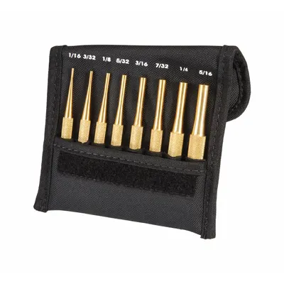 STARRETT Drive Pin Punch Set: Non-Sparking, 4 in Overall Lg, 8 Pieces, Brass, Non-Sparking - Flat-Tip Pin Removing Punch Sets