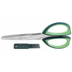Straight kitchen shears with an ambidextrous ergonomic steel handle. Overall length 8 in, cut length 3 1/2 in. Non-adjustable. NSF Certified. Suitable for cutting food items, packaging, and general kitchen tasks in commercial or home settings.