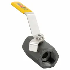 This manual two-way ball valve features a carbon steel straight one-piece body with 3/4 inch FNPT x FNPT connections. Equipped with a locking lever handle, it provides secure on/off flow control in industrial piping systems for water, oil, and gas applications.