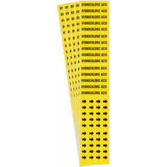 Yellow adhesive pipe markers with black legend reading 'Hydrochloric Acid' and directional arrows. Designed for pipes with an outside diameter of 3/4 inch and smaller. Each pack contains 5 markers. Used for identifying pipes carrying hydrochloric acid in industrial and facility piping systems.