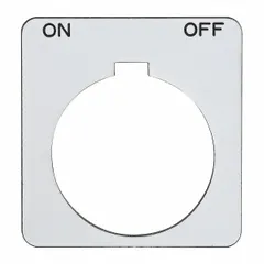 Square non-metallic plastic legend plate for push-button stations. White background with black On-Off legend in English. 30 mm panel mounting size, 1 13/16 in overall height and width. Notch configuration. Suitable for labeling control functions in industrial panels.