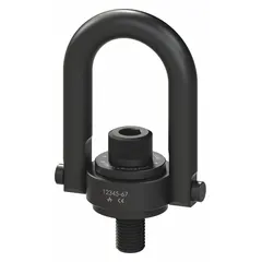 This pivot and rotate hoist ring is constructed from black oxide-coated steel with a 2-1/2"-8 thread size. It has a maximum lifting capacity of 50,000 lb. Suitable for heavy lifting and positioning tasks in material handling and rigging applications.