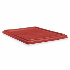 Red plastic lid for standard stacking and nesting totes. FDA compliant for food-contact applications. Compatible with tote models 5KY95, 5KY99, 35190, and 35195. Measures 19 1/2 in x 15 1/2 in.