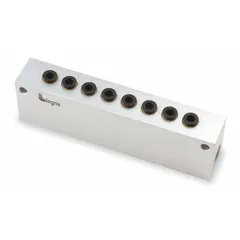 This aluminum block manifold provides a centralized distribution point for pneumatic or fluid systems. It features 10 inlets with 1/4 in NPT x NPT connections, suitable for branching supply lines in industrial automation, packaging, and material handling applications.