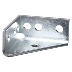 This 90° corner connector is made of steel with an electroplated silver finish. It features three mounting holes, each with a 9/16 in diameter. Used to join structural framing members at right angles in industrial racking, conveyor supports, and machine guards.