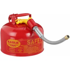 This EAGLE Type II safety can is designed for the storage and dispensing of flammable liquids. It has a 2 1/2 gallon capacity and includes a 7/8 inch outer diameter hose. The red finish provides high visibility in industrial environments.