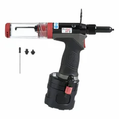Air-powered blind rivet installation tool delivering 2,320 lbf pulling force with a 1-inch stroke. Features a 1/4-inch female NPT air inlet. Suitable for installing blind rivets in metal, plastic, and composite assemblies in fabrication and assembly applications.