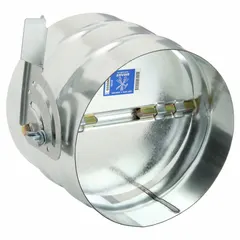 Round manual balancing damper for 8-inch ducts, constructed of steel with a length of 6 3/8 inches. Includes a locking manual quadrant for secure position holding. Designed for horizontal mounting and suitable for airflow regulation in HVAC ventilation systems with a maximum air velocity of 2000 fpm.