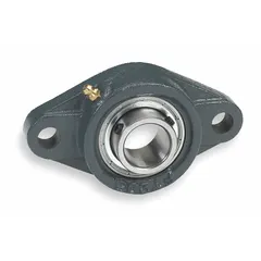 This flange-mount ball bearing supports rotating shafts in industrial machinery such as conveyors, fans, and pumps. It features a 1 1/4 in cylindrical bore, cast iron housing with set screws, and NLGI #2 equivalent lubricant. The inch-system bearing has a 6 1/8 in overall length and requires a 1/2 in mounting bolt.