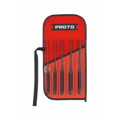 This set includes five flat-tip punches with tip diameters of 1/4 in, 3/16 in, 5/16 in, 5/32 in, and 7/32 in, and shank widths of 1/2 in, 3/8 in, and 7/16 in. Made of steel with SAE sizing, it is used for driving out pins in industrial maintenance and assembly applications.