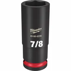 This 1/2" drive deep impact socket features a 7/8 in SAE 6-point design with friction retention for secure attachment to impact tools. Suitable for heavy-duty fastening and loosening tasks in automotive, construction, and industrial maintenance applications.