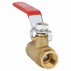 This straight brass ball valve features a full port ball port for minimal flow restriction. It has FIP x FIP connections and a lever handle for manual on/off control. Suitable for use in plumbing and industrial piping systems for water, oil, and gas applications.