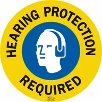 This 12 in x 12 in adhesive vinyl floor sign indicates areas where hearing protection is mandatory. It has a 30 mil thickness and is not retroreflective, glow-in-the-dark, or anti-slip. Suitable for marking safety zones in industrial environments