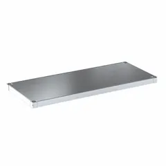 Solid shelf for aluminum open metal shelving systems. Made of 18 ga steel with an unfinished silver finish. Supports up to 400 lb. Suitable for organizing tools, parts, and equipment in warehouses, garages, and industrial storage areas.