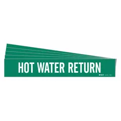 Green adhesive pipe marker with white legend reading 'Hot Water Return'. Fits pipe outer diameters from 2-1/2 to 7-7/8 inches. Pack of 5 markers without arrows. Used for identifying hot water return piping in HVAC, plumbing, and industrial systems.