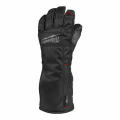 Electronically heated gloves in black, size M, with three heat settings: 2 hours on High, 4 hours on Medium, and 8 hours on Low. Insulated for cold conditions. Includes USB batteries and USB chargers. Suitable for outdoor work and cold-weather tasks requiring hand warmth and dexterity.