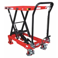 This manual scissor-lift table from Dayton features a steel platform measuring 32 inches in length by 19 3/4 inches in width. It provides a maximum lifting height of 35 inches, suitable for positioning loads in workstations, assembly lines, and warehouses.