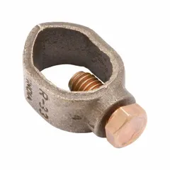 Copper ground rod clamp for connecting one stranded copper grounding conductor (10 to 3 AWG) to a 5/8 in rod. Suitable for direct burial applications in electrical grounding systems.