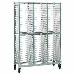 This adjustable pizza pan rack from NEW AGE INDUSTRIAL holds 78 pans with 2 inches between shelves, accommodating pans from 10 to 16 inches. It stands 62 1/8 inches tall, is non-nesting, and does not include a top. Suitable for commercial kitchens to organize and store pizza pans.