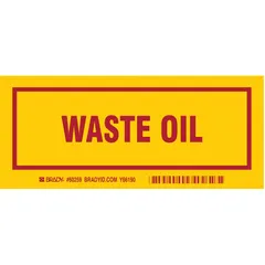This polyester label measures 7 inches wide by 3 inches tall with a yellow background and the message 'Waste Oil'. It is used for identifying containers holding waste oil in compliance with DOT handling requirements. Supplied in a pack of 25.