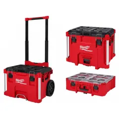 Set of three modular rolling tool boxes from the MILWAUKEE PACKOUT system. Each box supports up to 250 lb load capacity and features interlocking stackable design for secure transport. Suitable for organizing and moving tools across job sites in construction, maintenance, and field service.