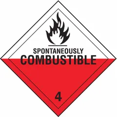 Class 4 Flammable Solids placard measuring 10 3/4 in x 10 3/4 in with a 10 3/4 in label height. Displays the message 'Spontaneously Combustible' for identifying containers holding spontaneously combustible materials. Used for container identification in compliance with DOT requirements.